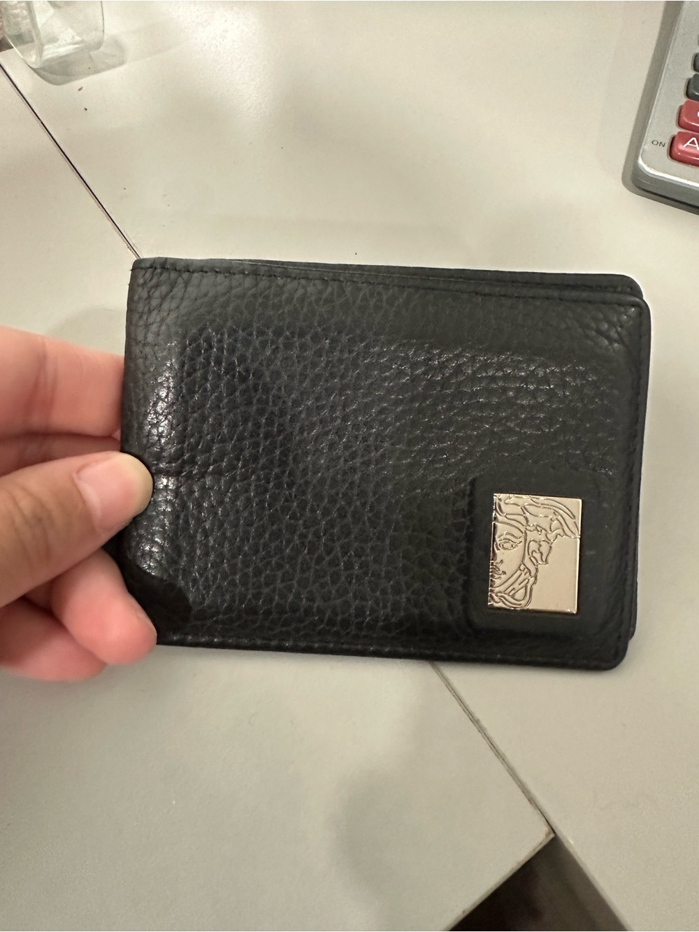 Versace Black Pebbled Leather Card petite wallet with Silver Medusa Plaque